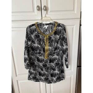Charter Club Womens 10 Palm Print Beaded Tunic Top Black White Yellow 3/4 Sleeve